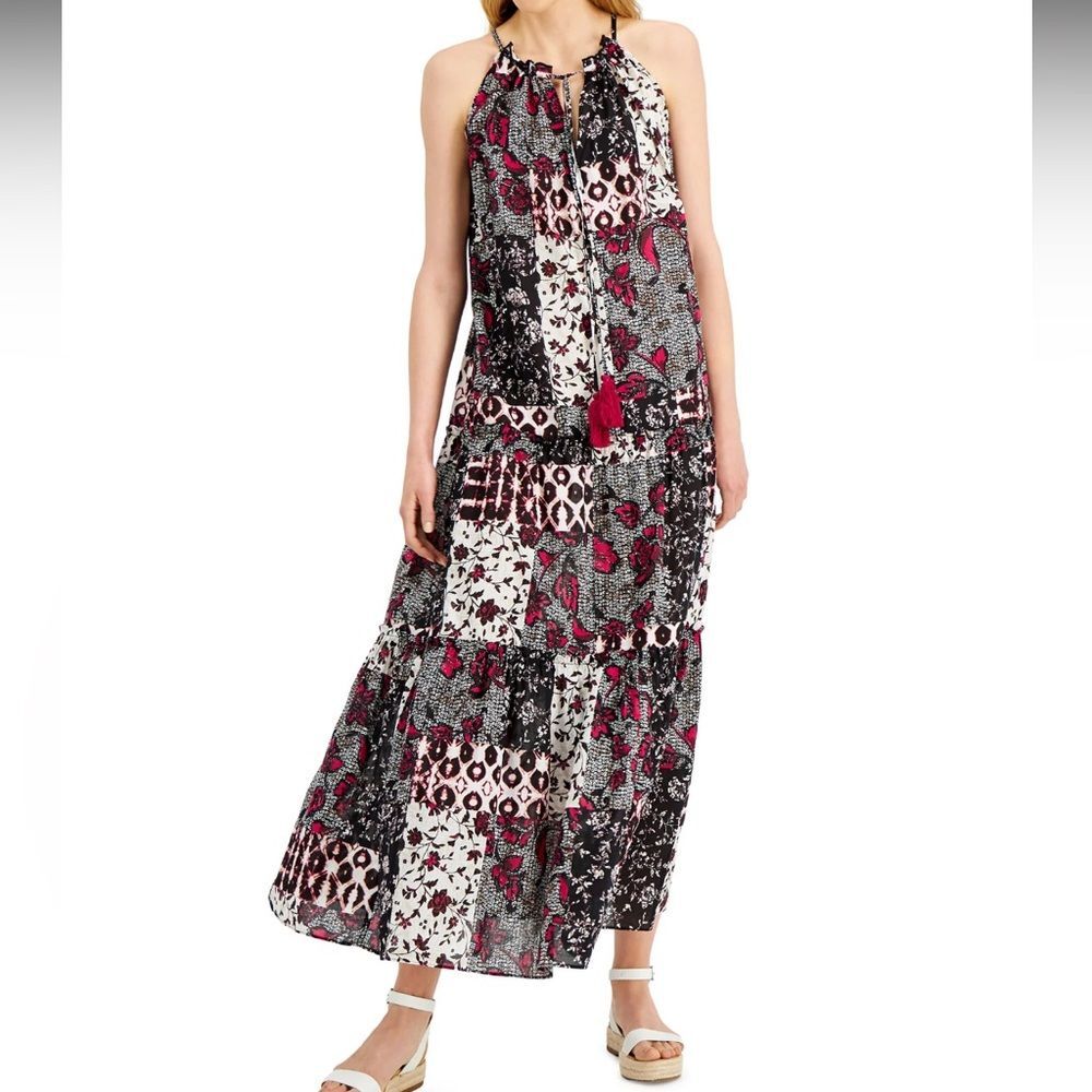NWT INC Nomad Patch Tiered Halter-Neck Maxi Dress Size Petite Small